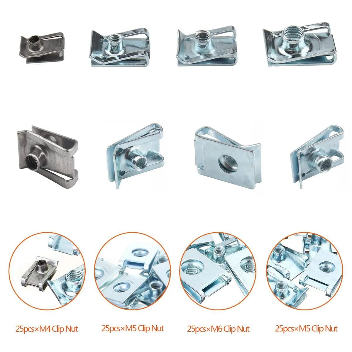 80 pieces self-tapping spring nut clips in metal tray, hardened steel with zinc coating