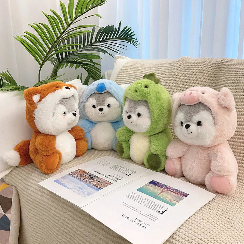 20cm shapeshift husky plush doll in four animal styles including dinosaur, fox, koala, and pink pig