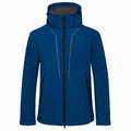 Mountaineering sport jacket in black, blue, and red, made of polyester, with full zip and stand collar