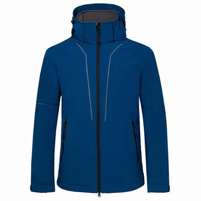 Mountaineering sport jacket in black, blue, and red, made of polyester, with full zip and stand collar