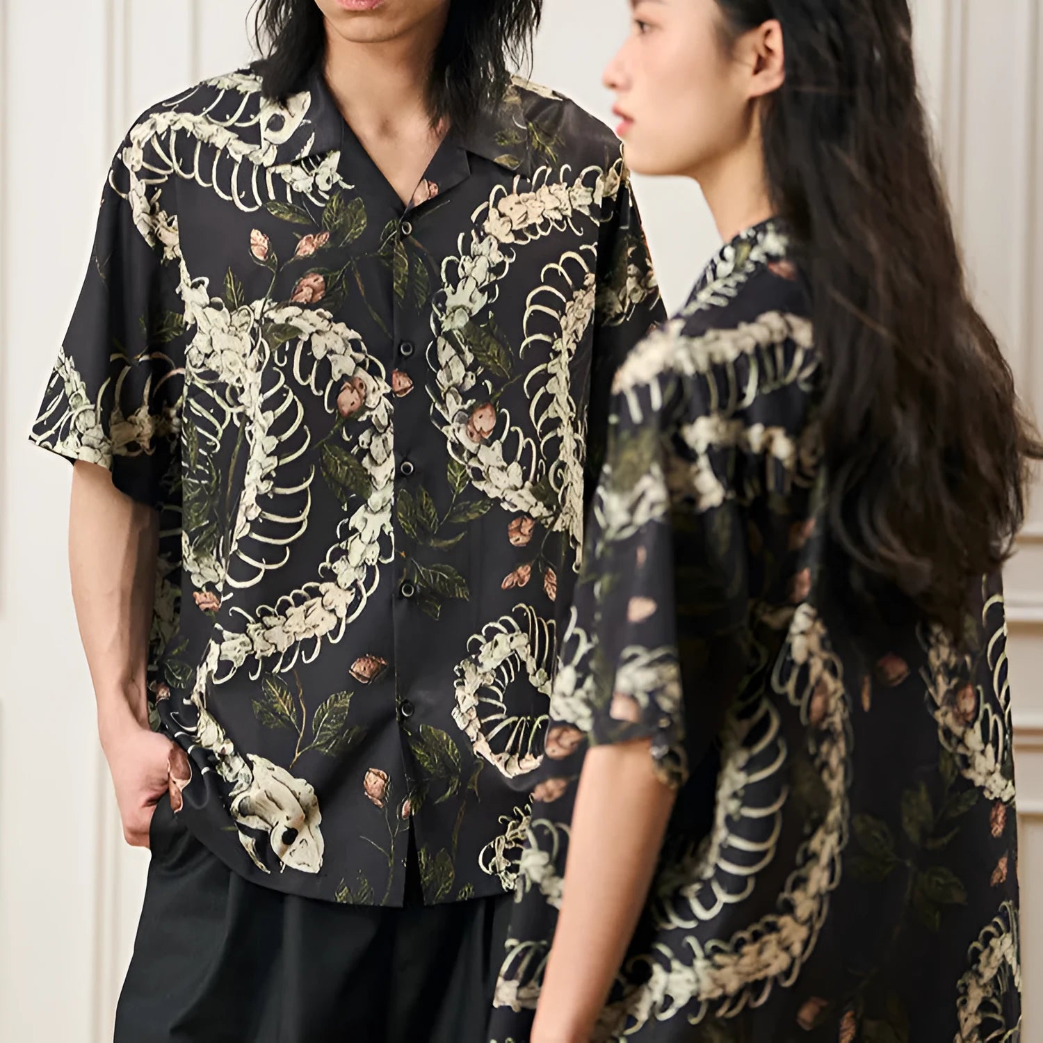 Original designer snake bone pattern printed on a short sleeve Cuban collar shirt in loose fit.