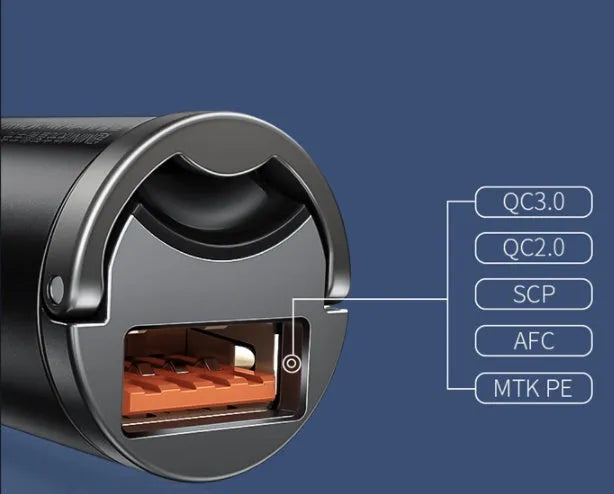 Baseus electro-optical grey 30W single USB car charger with 1 metre cable.