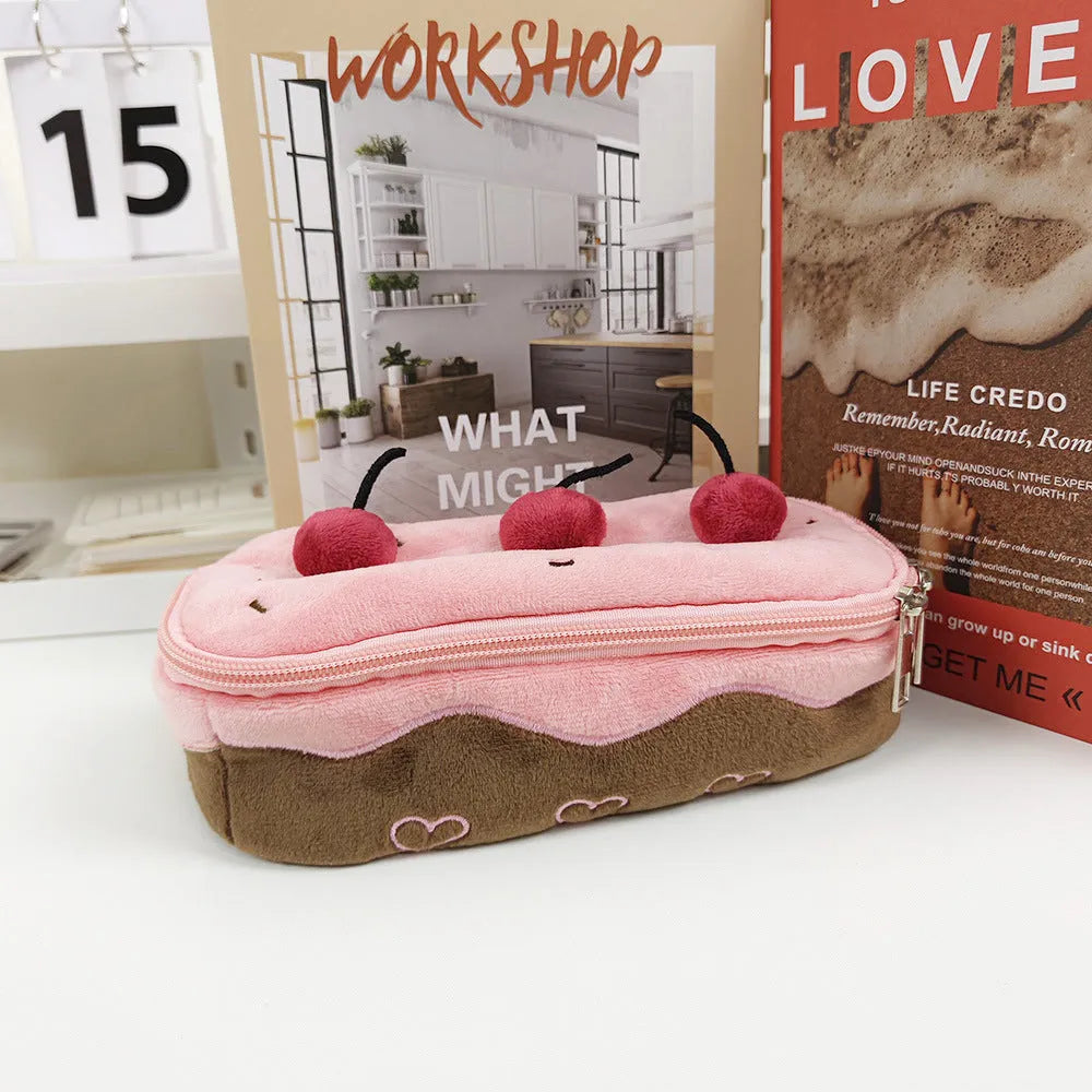 Cherry Cake coloured Korean style velvet plush pencil case.