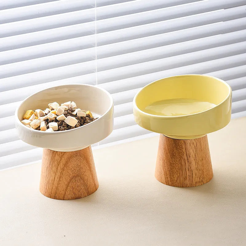 Set of four ceramic pet feeding bowls in beige green khaki and yellow colours for cats and small dogs