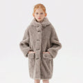 Girls imitation lamb wool mid-length polyester winter coat in pink, grey and white on a hanger