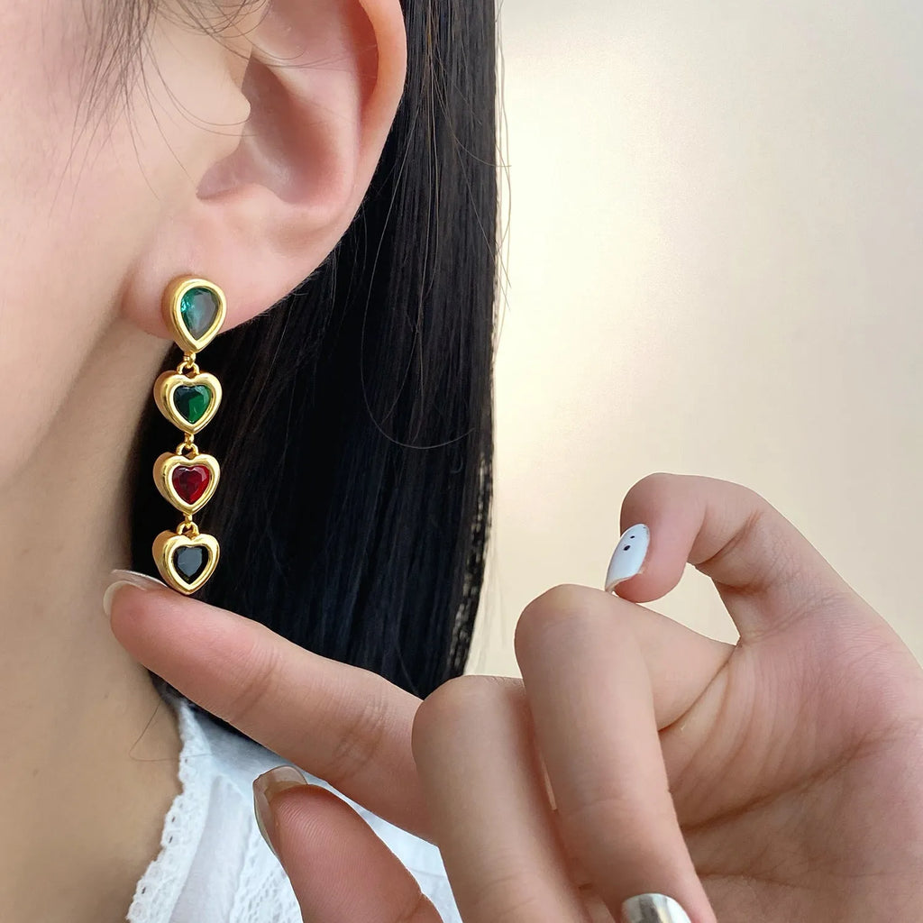 Heart pendant tassel ear clips luxury earrings for women copper inlaid zircon ear clip pair