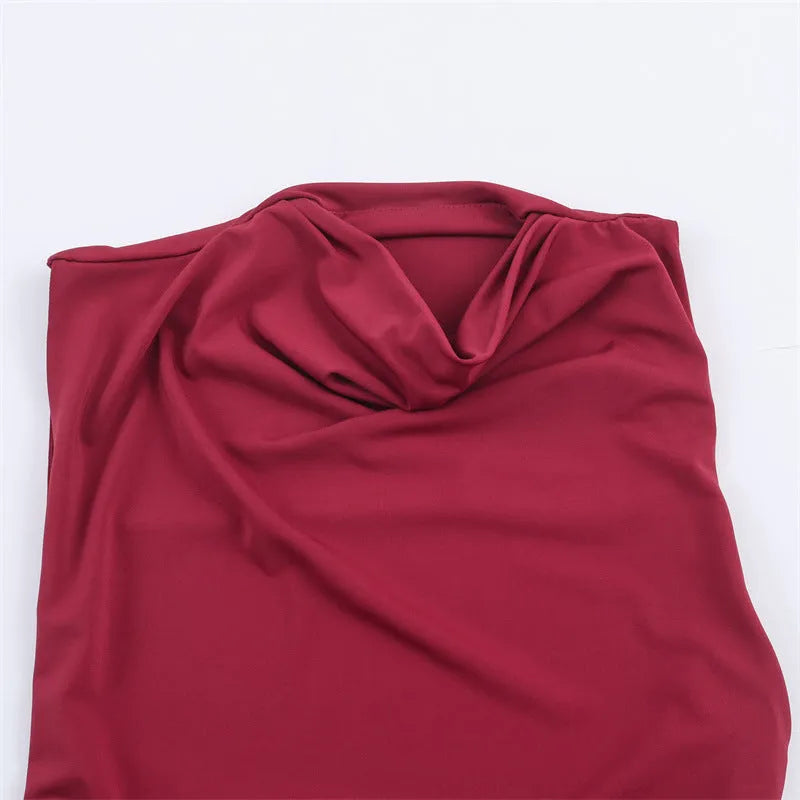 Women's red cotton pleated long dress with asymmetric skirt and stripe pattern on model