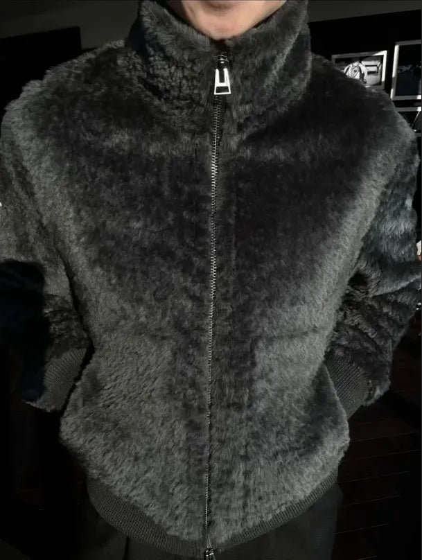 Men's fashion autumn and winter plush zipper jacket in black with front zip closure