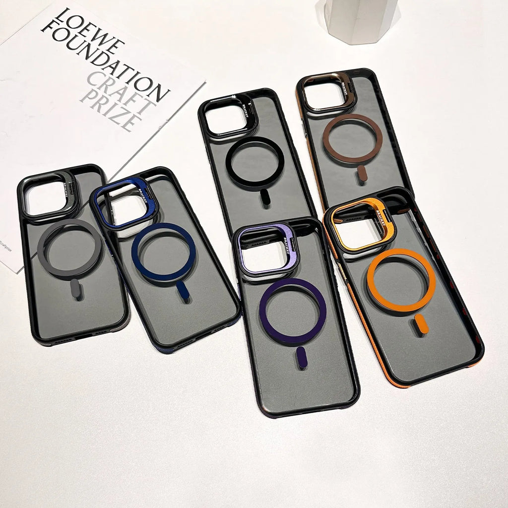 Non-slip transparent magnetic bracket phone case for iPhone showing hidden stand and anti-fingerprint finish