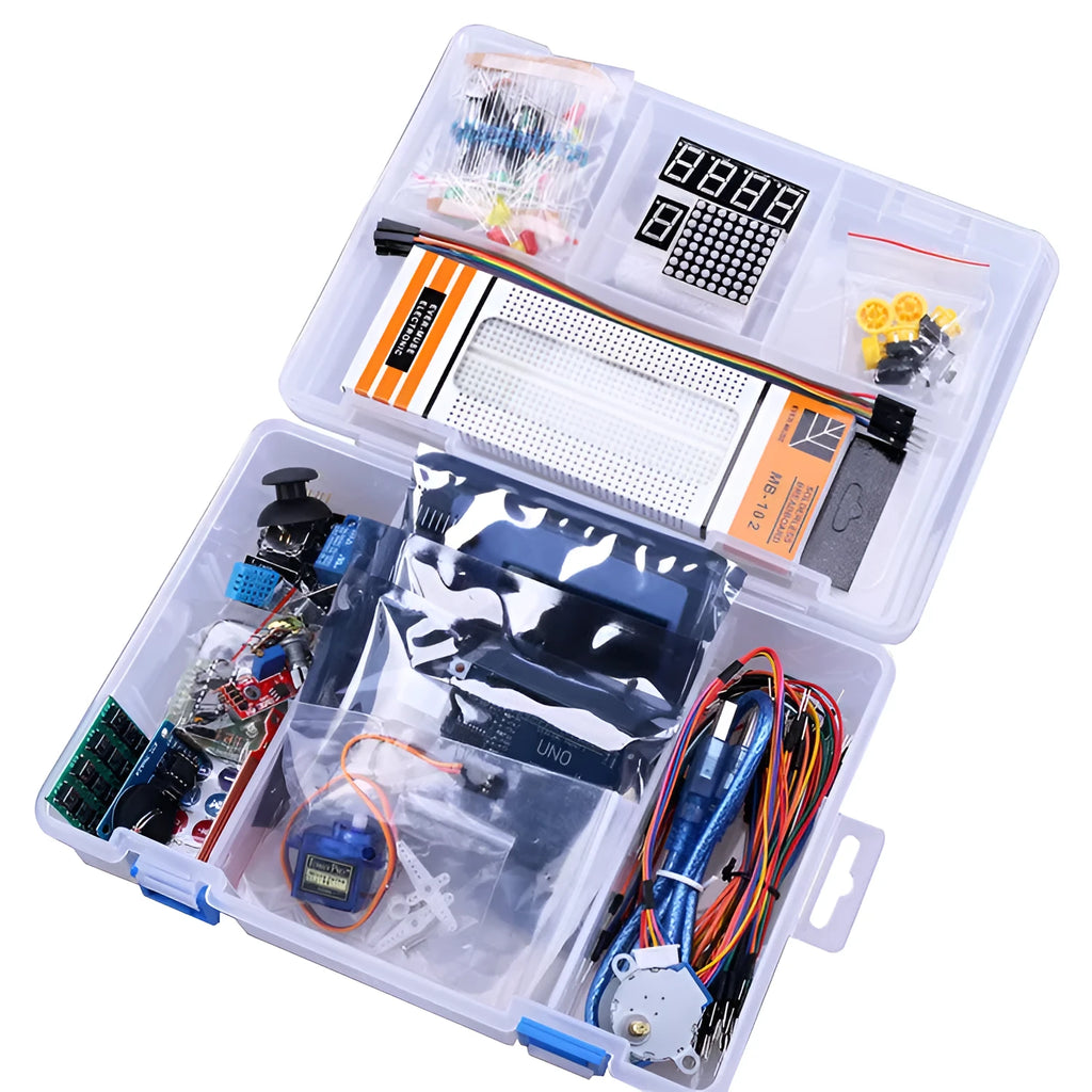 RFID upgraded Arduino starter kit with stepper motor, UNO board, breadboard, LCD and various sensor modules on a table