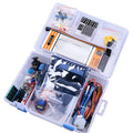 RFID upgraded Arduino starter kit with stepper motor, UNO board, breadboard, LCD and various sensor modules on a table