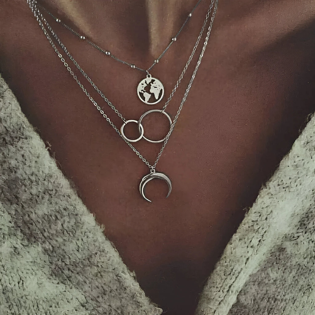 Multilayer boho moon map necklace with matching ring, alloy with electroplated gold finish