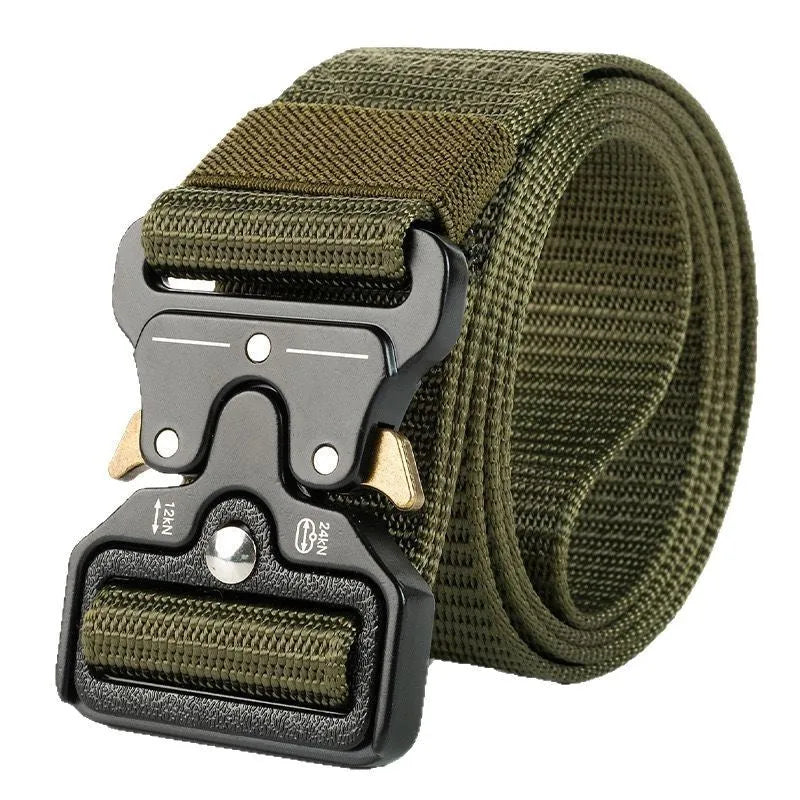Men's canvas tactical belt with quick-release alloy buckle shown in Army Green colour, laid flat to show its 120cm length.