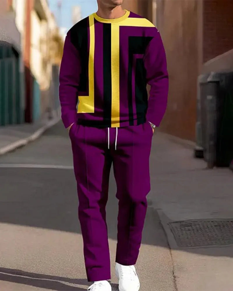 Men's casual sporty two-piece set with long-sleeve round-neck sweatshirt and long pants in blended fibre, sizes S-5XL
