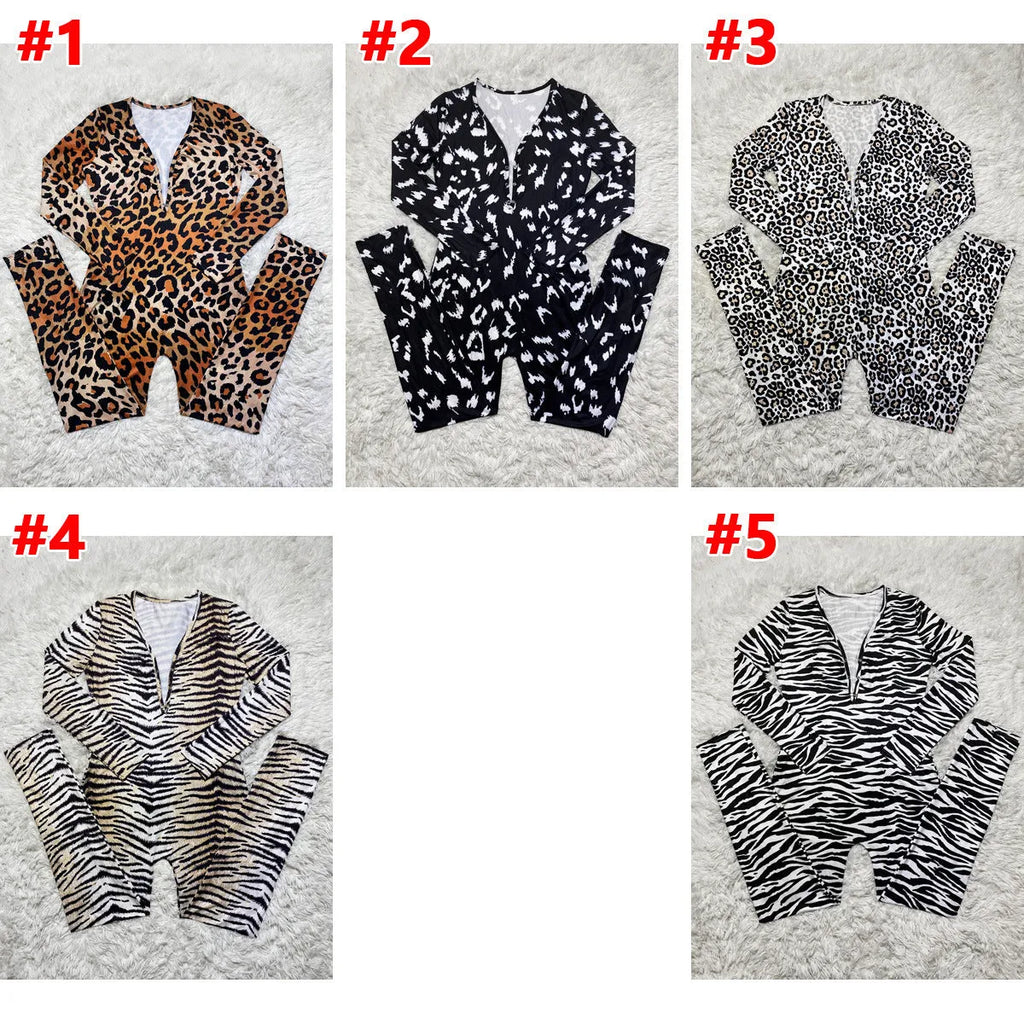Women wearing a leopard print long-sleeved home jumpsuit with full-length trousers, mid-waist, polyester fibre, size S-XXL