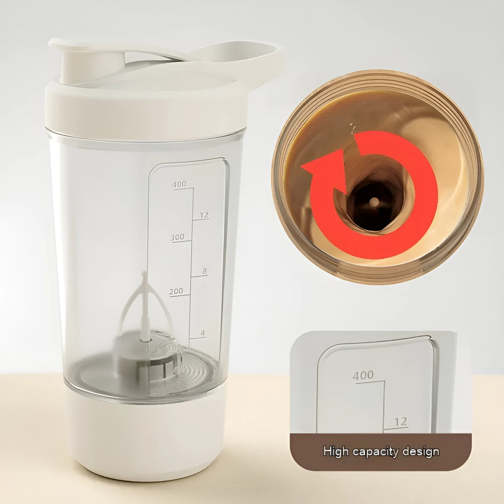 Black and silver electric protein shaker bottle with digital display and mixing blade inside