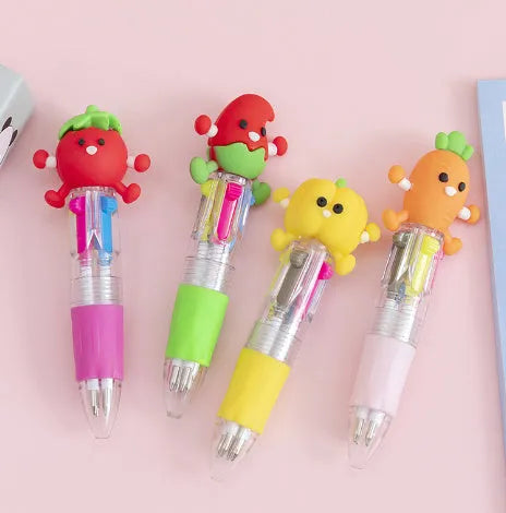 A four-colour press ballpoint pen with a random themed design on a plastic and silicone body.