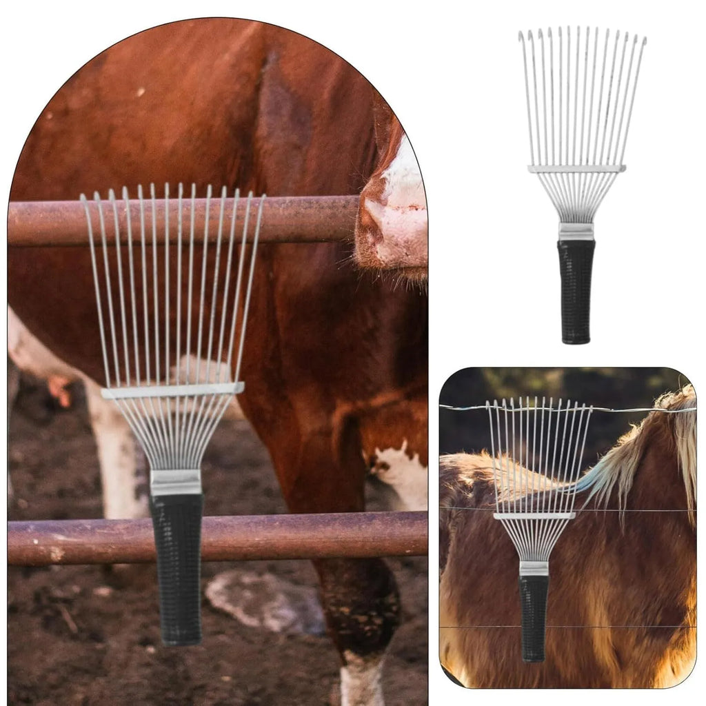Black stainless steel dematting brush for grooming horses, dogs, and cattle.