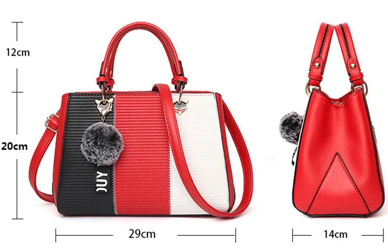 Women handbag made of PU leather with patchwork design and hairball ornaments in grey, pink, purple, and red colour options