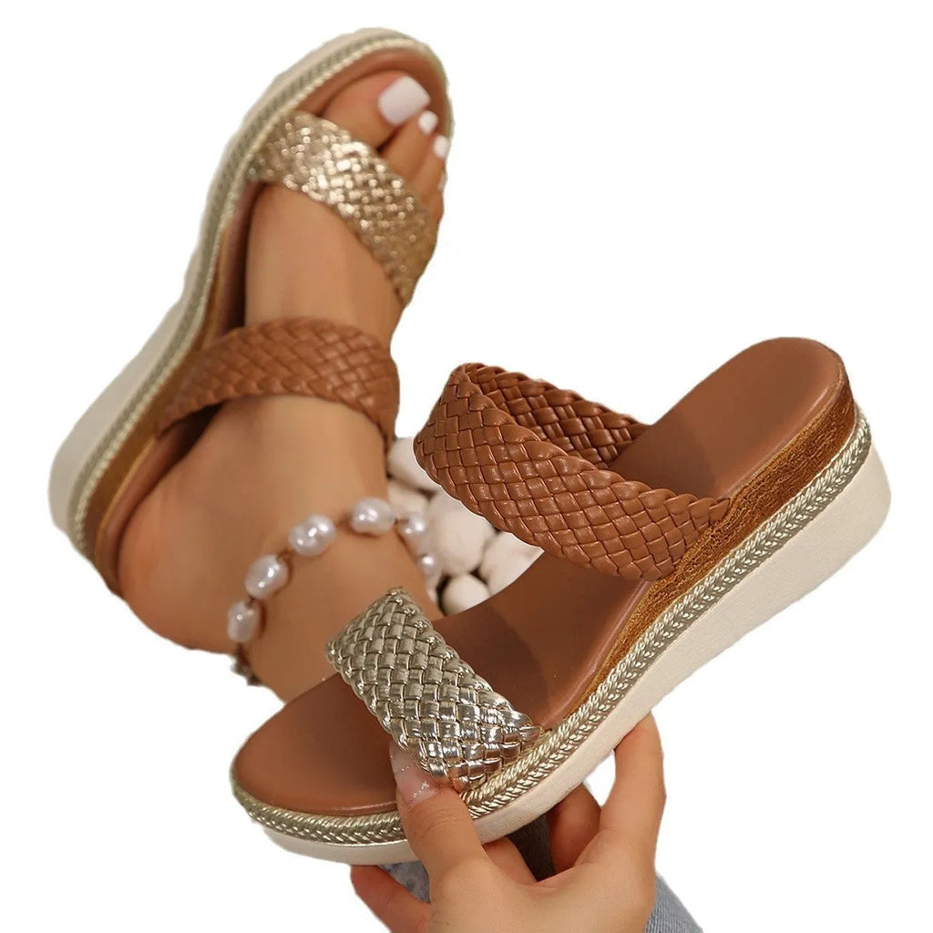 Women's gold wedge sandals showing PU upper and rubber sole in UK size 39