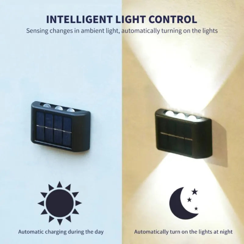 Solar outdoor wall light with up and down glow, black ABS+PC housing, warm white SMD LEDs