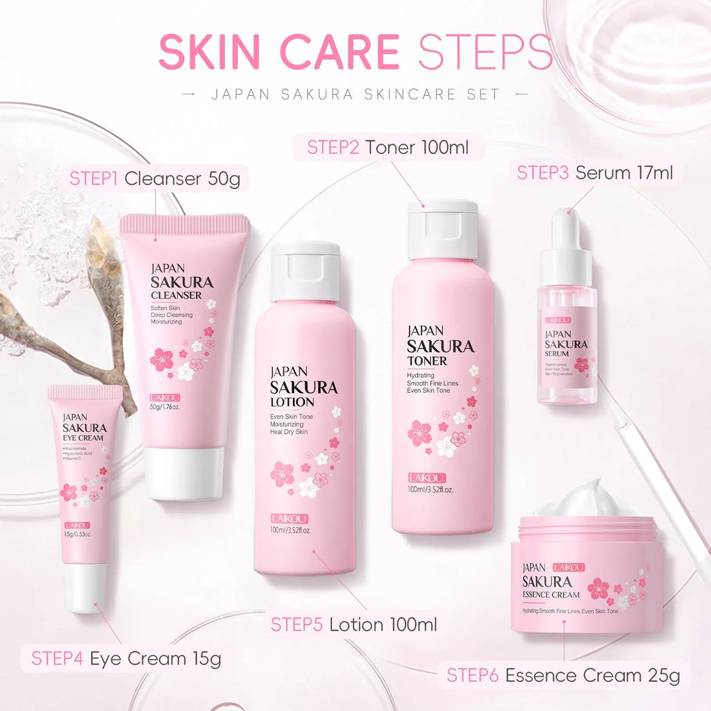 Cherry blossom skin care 6-piece set with cleansing and brightening products