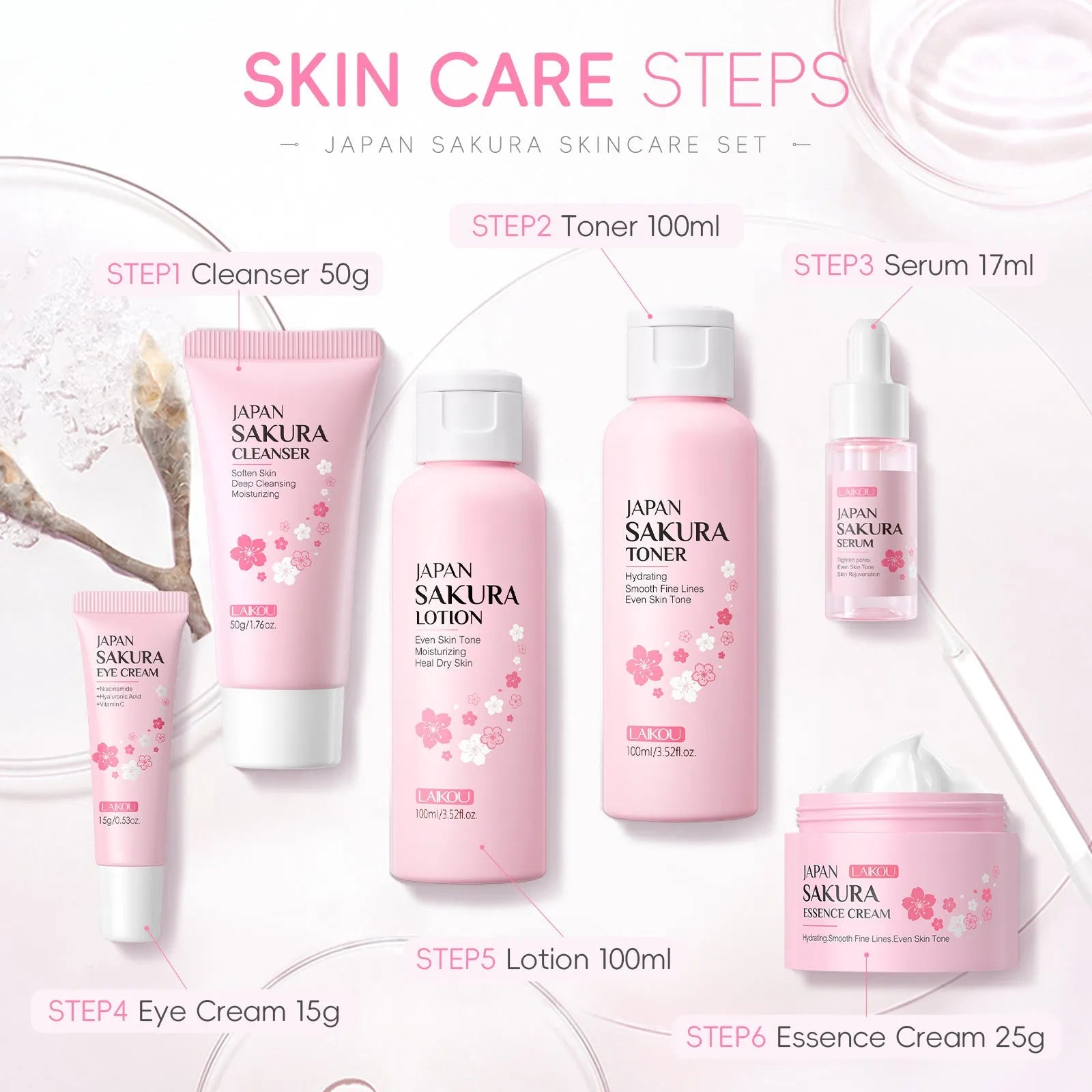 Cherry blossom skin care 6-piece set with cleansing and brightening products