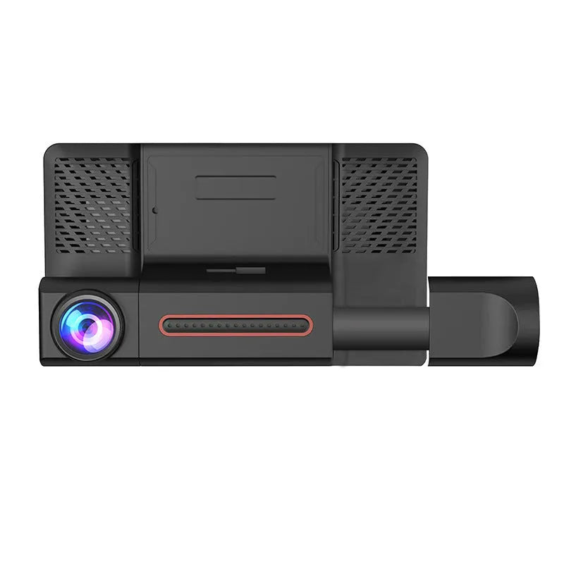 Three lens car dashcam with 4-inch touch screen display showing front, rear and interior camera views