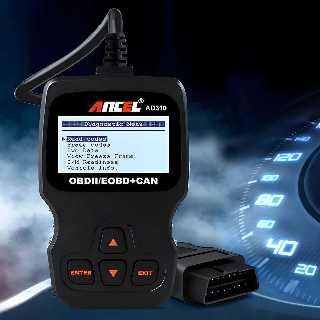Black universal OBD2 automobile fault detector with engine scanning capability