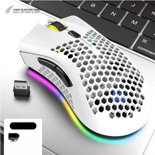 BM600 wireless gaming mouse with luminous hollow-out shell in cyan colour.