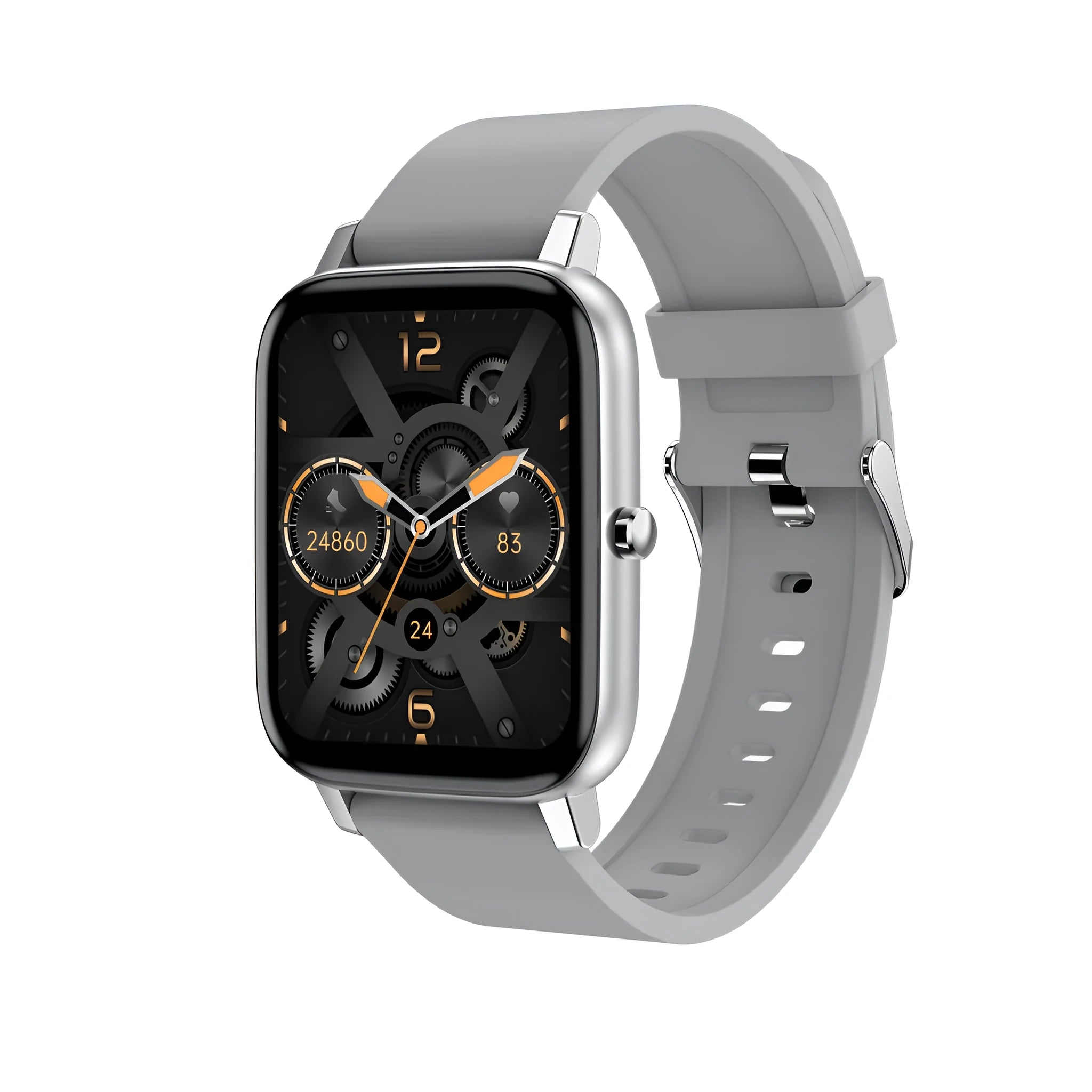 H80 black smartwatch on wrist showing heart rate and time on its 1.69-inch spherical glass screen.