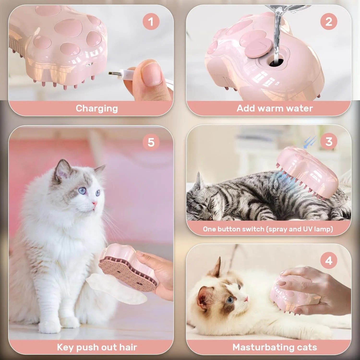 Self-cleaning cat steam brush with blue light and silicone bristles for pet grooming