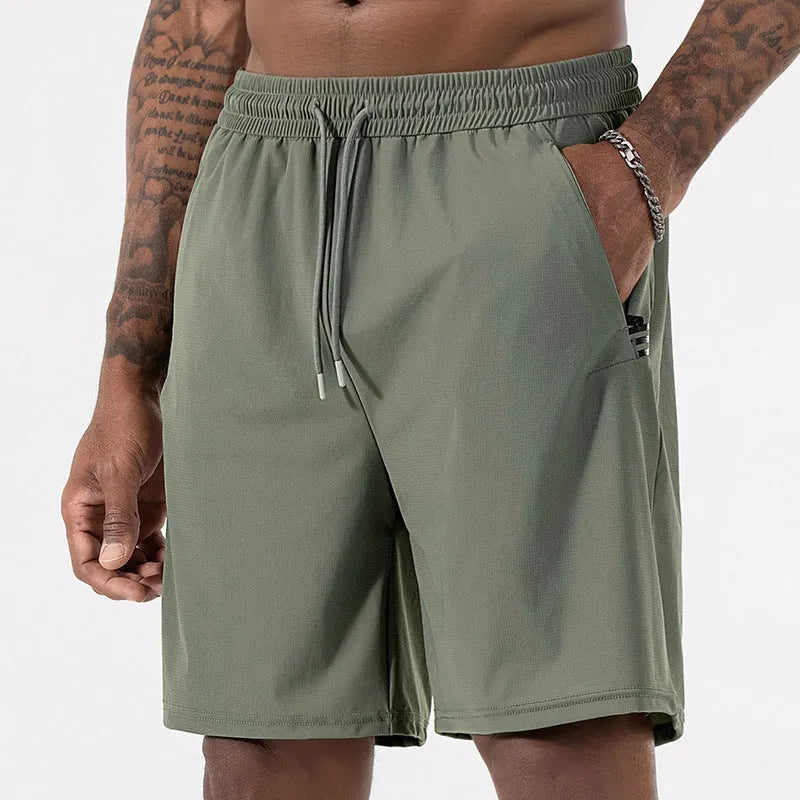 Men's black Ice Silk quick-drying sports shorts with a drawstring high waist on a hanger.