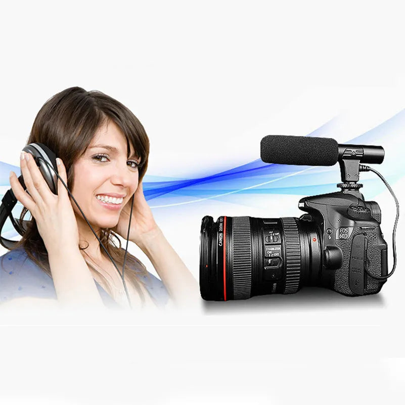 Black MIC-01 back-pole condenser microphone with universal hot shoe mount and 3.5mm jack on a dark background