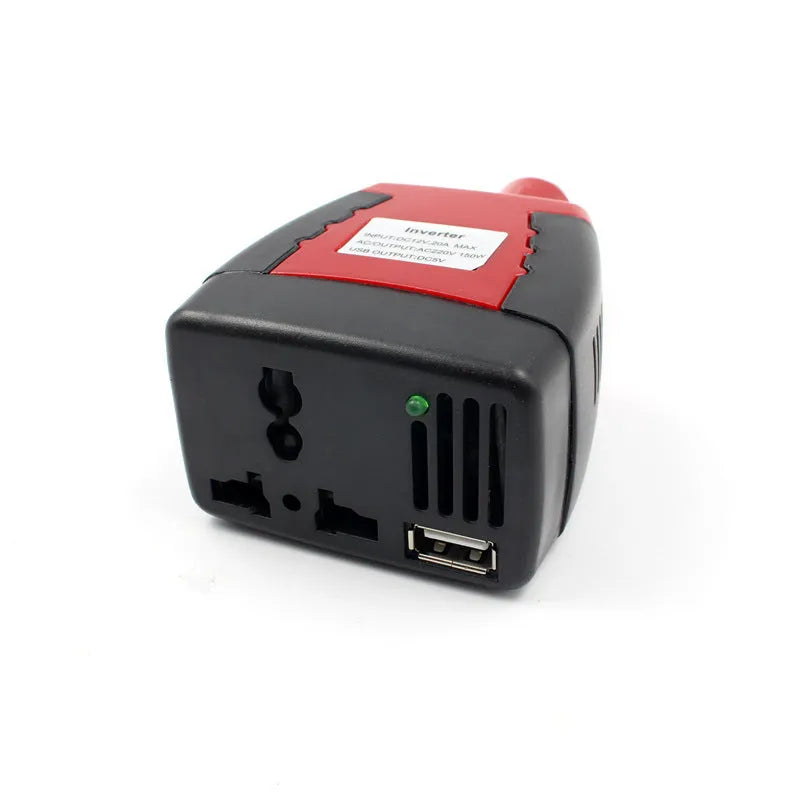Black and red car power inverter converting 12V to 110V AC with USB output, dimensions 115x65x41mm
