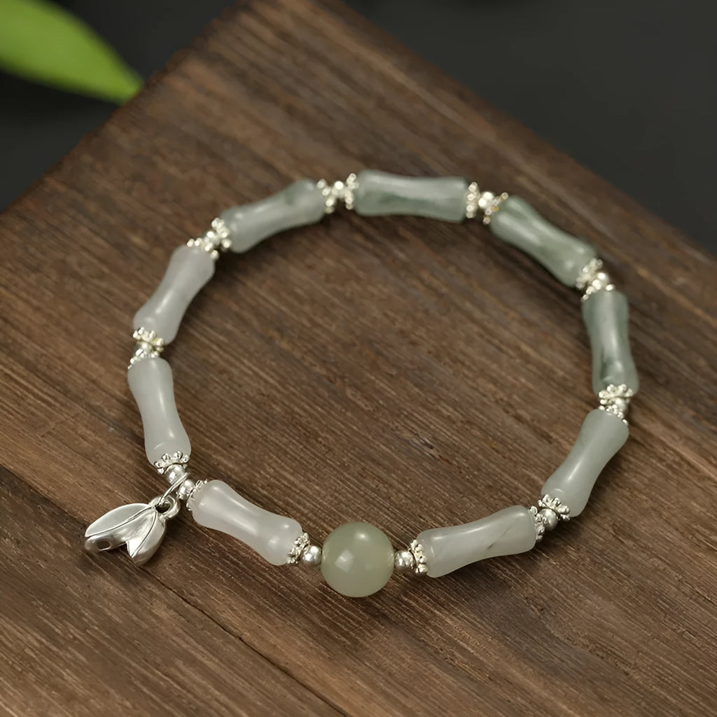 Handmade women's bracelet with Tianshan green bamboo and sterling silver in antique style