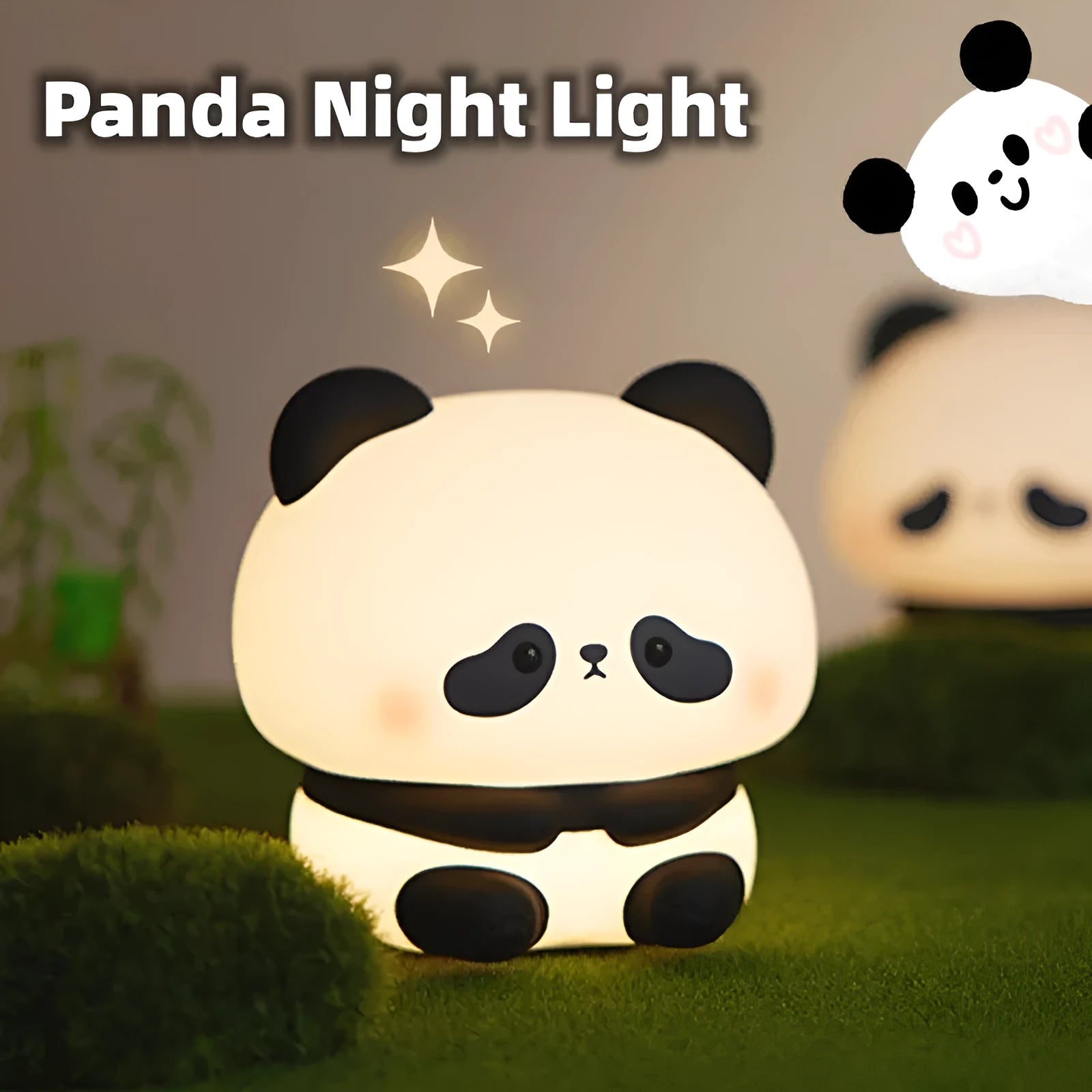 Cute panda LED night light with soft silicone cover, USB rechargeable, featuring colourful lighting modes on a bedside table.