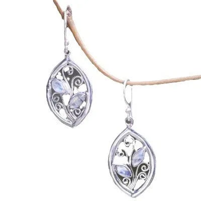 Silver leaf-shaped earrings with colourful moonstone elements for women