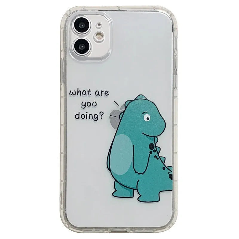 Transparent iPhone case with dinosaur couple design showing airbag anti-fall protection