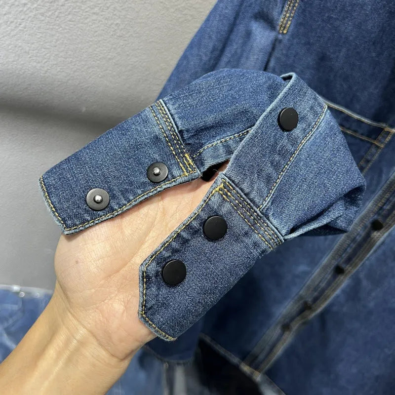 Layered retro denim top for women, long sleeves, polyester, available in sizes S to 2XL