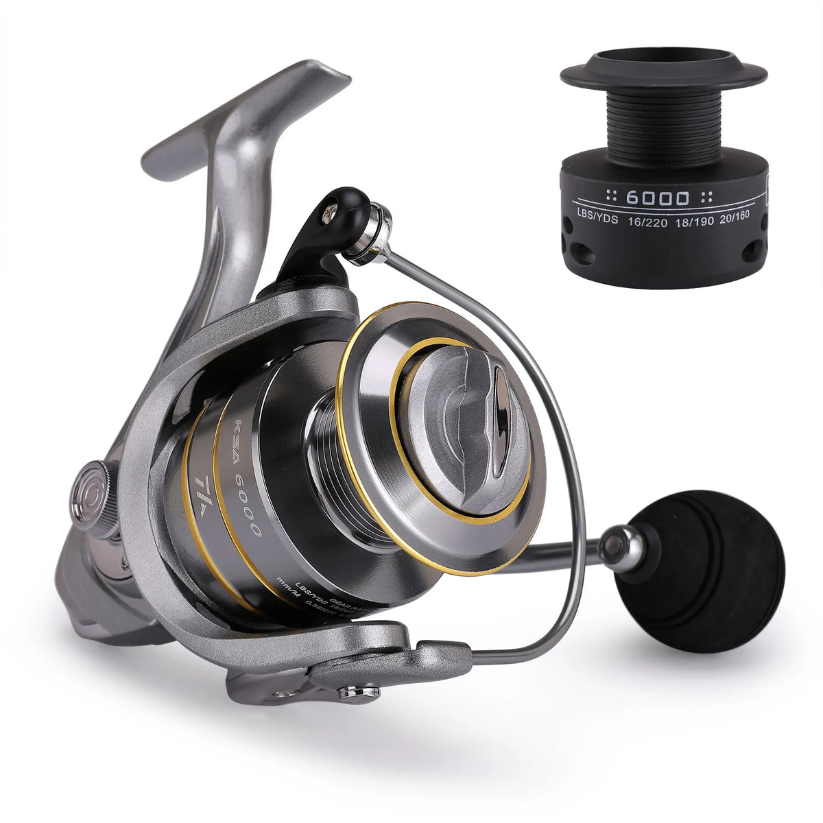 Silver sub fishing line wheel with metal body, folding rocker arm and copper gear bar, sizes KSA1000 to KSA5000.