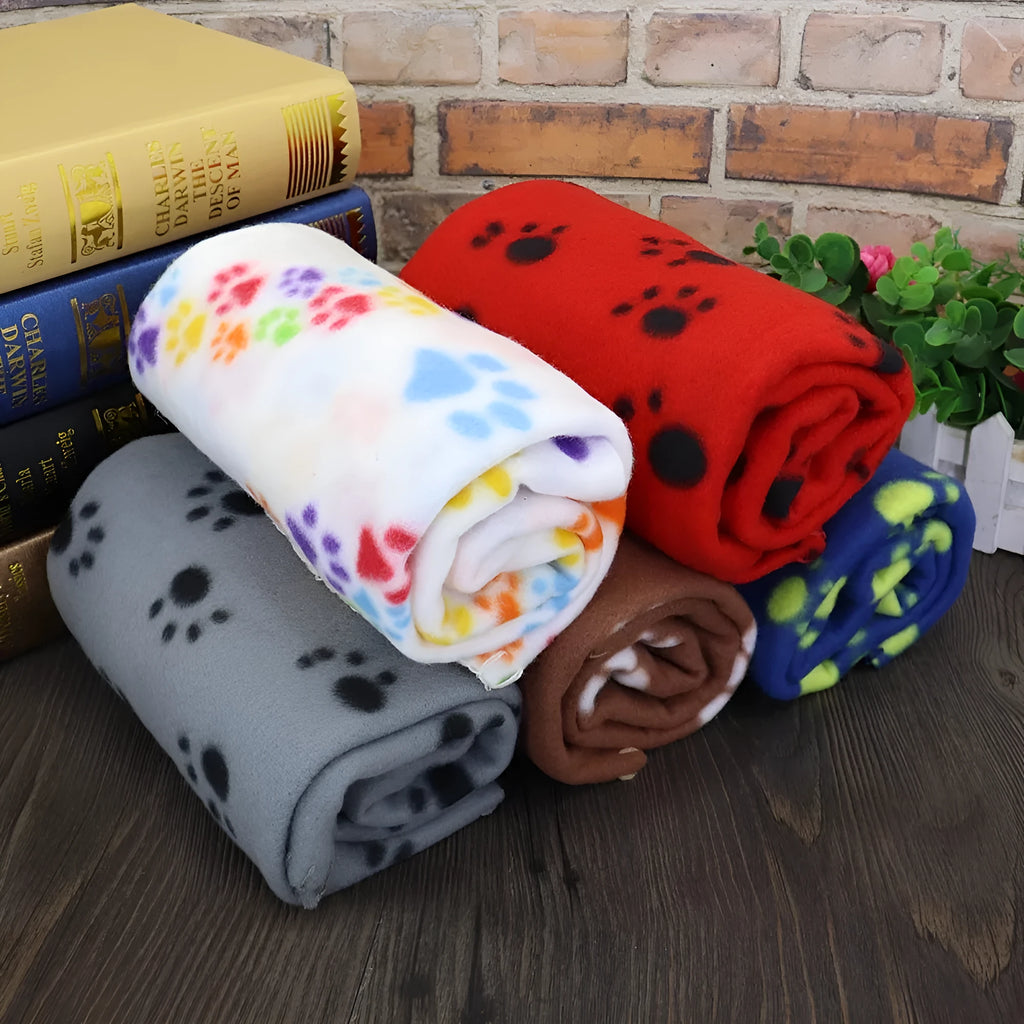 Soft double-sided fleece pet warm blanket with paw print, available in multiple colours