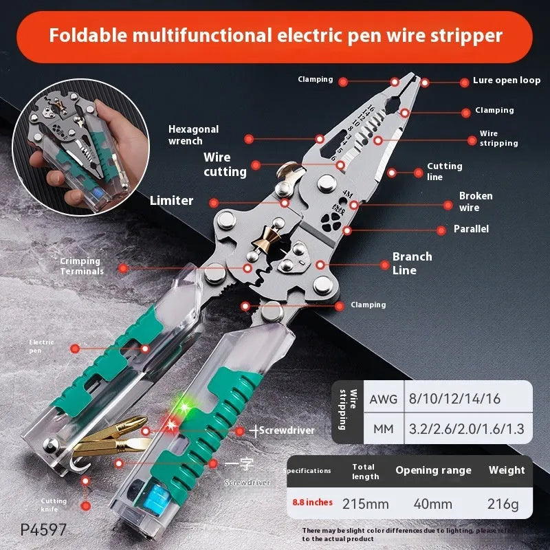 Electricians' pliers wire stripper with pointed design and rust prevention cutting edge