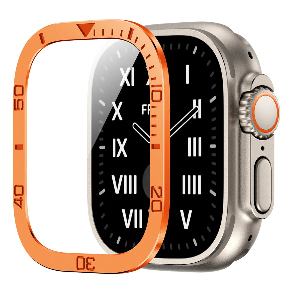 Metal protective frame for 49mm watch in black, orange, and original colour
