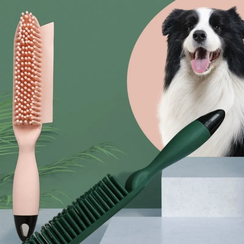 Green and pink dual-use dog brush and sticky clothes hair remover for pet grooming.