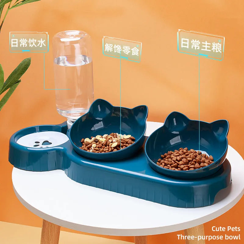 Plastic double-bowl pet feeder with automatic water dispenser in chosen colour.