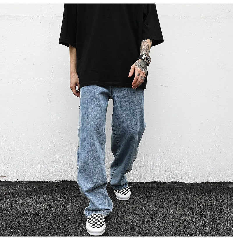 Straight loose cotton jeans for women, medium low waist, zip fly, in black and light blue, sizes M L XL
