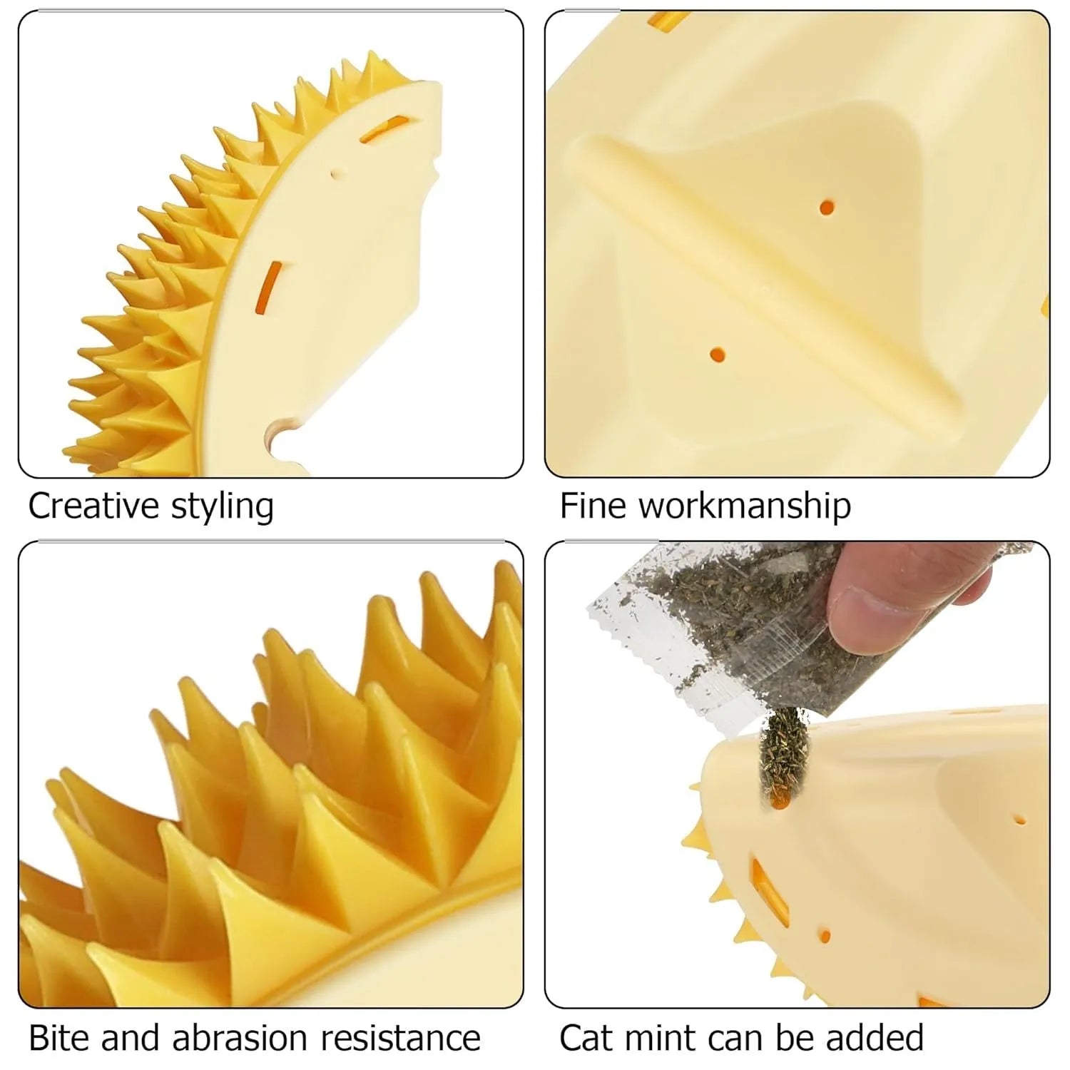 Yellow durian-shaped cat corner scratcher with comb teeth and cat mint packet mounted on wall