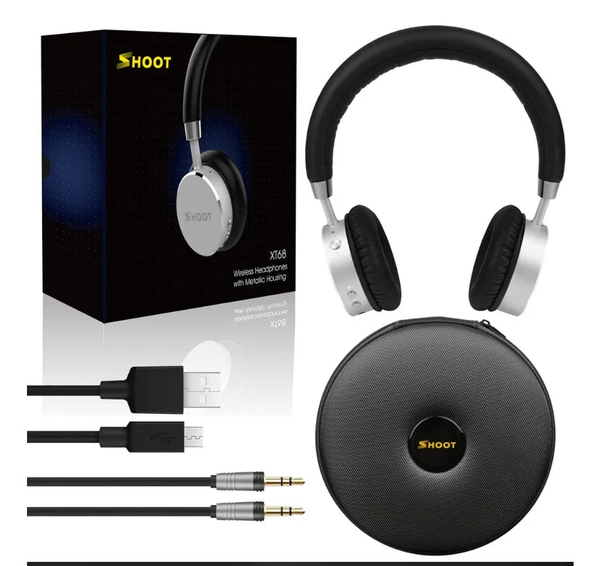 Wireless Bluetooth headset over-ear with 40mm driver, 290mAh battery, 10m range, includes USB and headphone cables