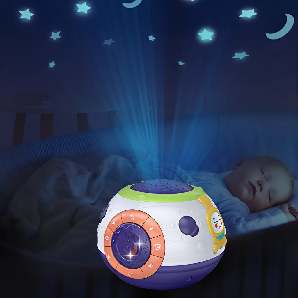 White starry sky night light projector for children showing control button and projection pattern